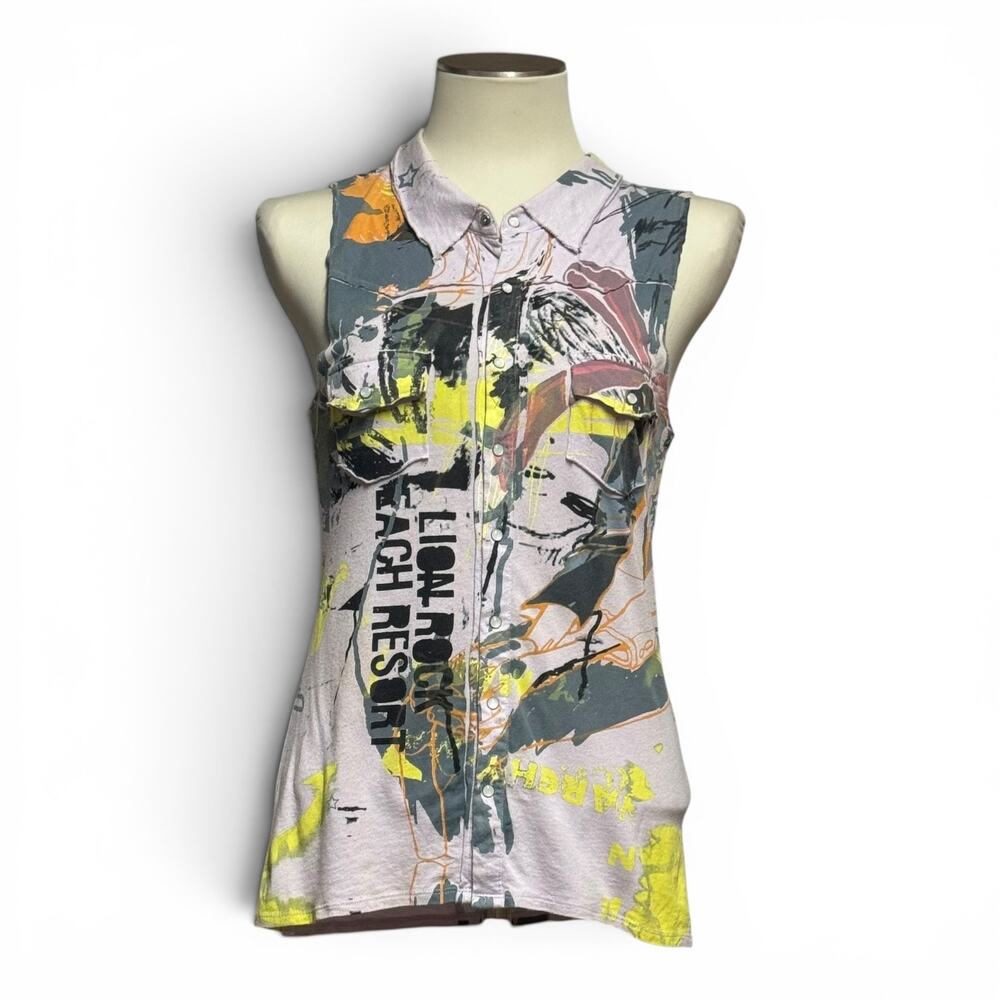 Anama Cotton Modal Sleeveless Pearl Snap Top Shirt Graffiti Lilac Large